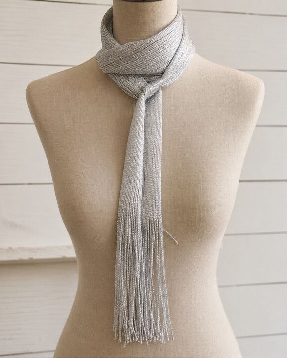 No Brand Accessories - Silver Long Scarf with Fringe - Lightweight Metallic Knit